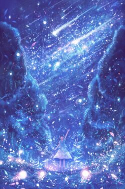 meteorshower shootingstars starrynight magic forest fantasy girl dreamy sparkle glowing ethereal blue nature enchanted whimsical