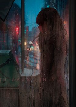 rainy night girl phone booth payphone window reflection moody lighting city lights red blue illustration solitude urban