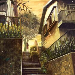 city stairs sunset alley architecture digitalart urban nostalgia goldentone overgrown mysterious warmth alone steps