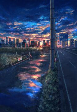 night road cityscape sunset sky reflection puddle rainy day highway urban illustration power lines vibrant dramatic
