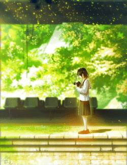 girl camera trainstation sunlight green leaves anime digitalart photography schooluniform summer nostalgia warmlight bokeh bench