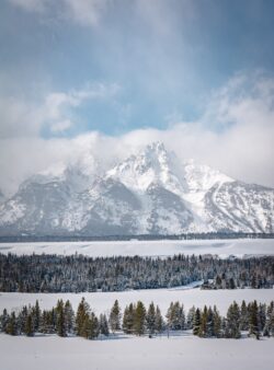 Grand Teton mountains snow capped winter landscape national park snowy field evergreen forest Wyoming mountain range clear sky winter travel American wilderness iconic peaks cold climate majestic v