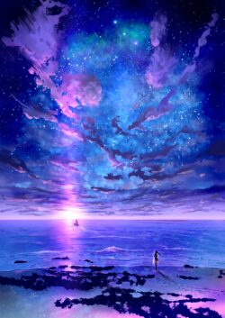 milky way beach ocean sunset purple sky starry night sea waves lonely boat dreamy horizon cosmic landscape ethereal nature magic hour
