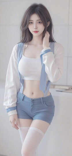 asianwoman portrait fashion shorts croptop whitesocks innocent beauty model slender korean style softlight indoor
