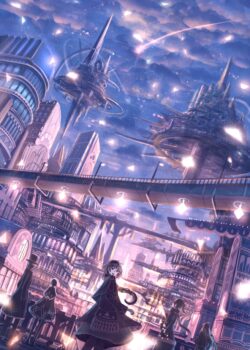 futuristic city sci fi floating islands cyberpunk metropolis night sky shooting stars fantasy architecture concept art steampunk neon urban digital art