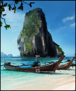 thailand beach longtail boat limestone karst island tropical sea blue water white sand travel vibrant minimal nature