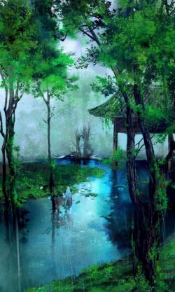 rain forest lush green nature river pavilion summer mist spirit fantasy scenery digital painting art wallpaper vivid serene