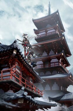 japanese pagoda shrine samurai girls warrior traditional architecture clouds swords temple red building epic scenery oriental style illustration fantasy art