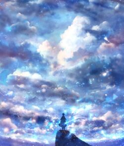 cloudy sky puffy clouds dreamy blue pink sunset heavenly horizon fantasy world standing on cliff vast space freedom celestial peaceful vibes