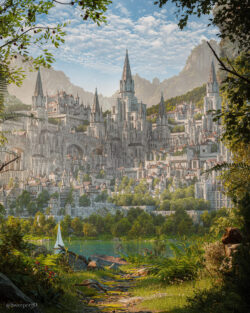 A breathtaking view of an immense, white fantasy castle city with intricate spires, built into a mountain and overlooking a tranquil turquoise lake. A digital painting of a massive, white fantasy castle city with many spires, set against mountains and overlooking a turquoise lake.
