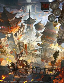 cyberpunk neo tokyo steampunk traditional japanese pagoda oriental fantasy scifi cityscape vertical floating ship kimono girl adventure concept art