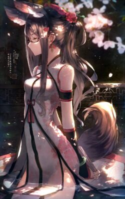 fox girl kitsune kimono cherry blossoms sakura traditional japanese style ears tail sunset lighting soft aesthetic scenic manga illustration fantasy art
