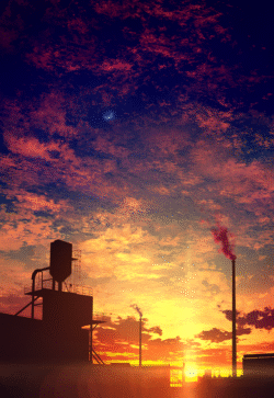 industrial sunset factory silhouette smoke stack dusk vibrant sky crescent moon urban twilight pollution art power plant dramatic lighting machinery