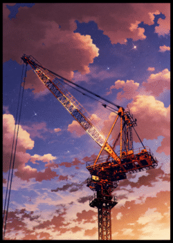 crane construction sunset nightsky stars digitalart urban industrial dramatic clouds tech building orange blue