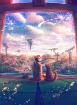 sky clouds sunset horizon cat girl kimono fantasy floating islands peaceful view colorful digital art scenic