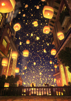 A magical night scene showing countless glowing sky lanterns floating above a city alleyway, seen from a balcony. Magical anime scene of countless sky lanterns floating up at night.