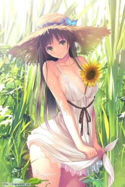 summer girl sunflower straw hat white dress nature greenery sunlight warm atmosphere rural scenery wholesome vibe moe kawaii manga art outdoor