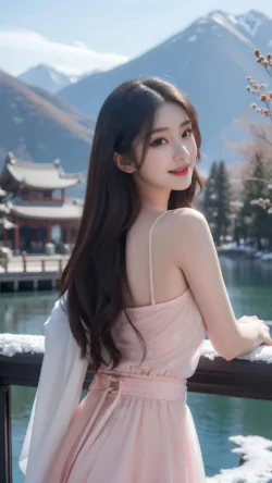 asianwoman portrait snow mountains temple lake pinkdress winter beauty outdoor nature scenery travel fashion korean chinese