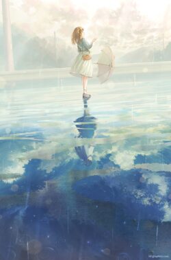 animegirl umbrella rain puddle reflection city street pastel digitalart moody summer water solitude