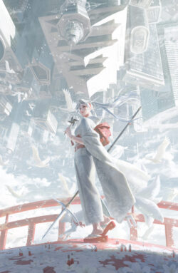 Silver-Haired Guardian of the Sakura City. A captivating digital painting depicting a serene, white-haired woman with flowing long hair standing amidst a vibrant cityscape. Windmills, blooming cherry blossoms, and distant birds set a beautiful, dreamlike scene. Perfect for a 4K mobile wallpaper. Illustration of a long white-haired woman standing by a windmill in a city with cherry blossoms and birds. 4K portrait painting.