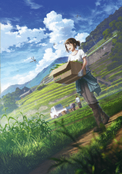 girl farmer harvest corn terraces mountains sunshine anime digitalart agriculture rural landscape dragonfly happy field