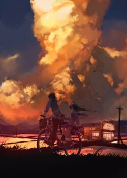 couple bicycle sunset clouds sky dramatic anime digitalart romantic silhouette field goldenhour summer
