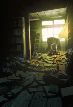library ruins boy schooluniform books abandoned digitalart nostalgia classroom dust broken sunlight mystery alone