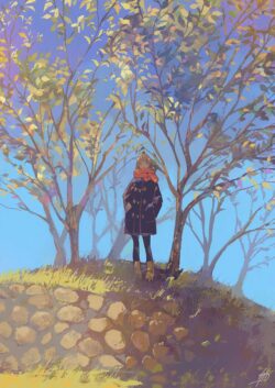 A girl in a dark coat and red scarf standing on a grassy hill, surrounded by golden autumn trees against a bright blue sky. Impressionistic anime style painting of a girl in a scarf standing between autumn trees.