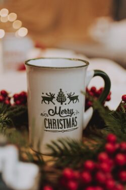 christmas mug reindeer holiday decor winter berries wreath festive cozy season cup minimal design blurred bokeh warm light