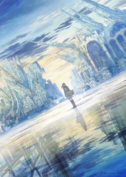 Futuristic ice city girl on reflective surface blue and white architecture sci fi frozen ruins vast open space low angle perspective cold blue aesthetic city of crystal science fiction fantasy digital ink style