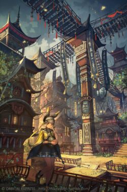 traditional asian architecture girl fantasy city temple lanterns detailed art scenic culture travel mythology background illustration concept art