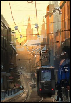 city street tram trolley car sunlight urban illustration winter moody architecture overheard wires golden hour impressionist style snow
