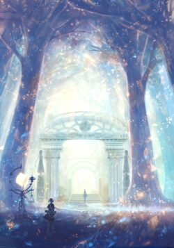 magic forest glowing portal ethereal gate fantasy woods shining light mystical atmosphere dreamy landscape celestial spirit world ancient ruins fairytale