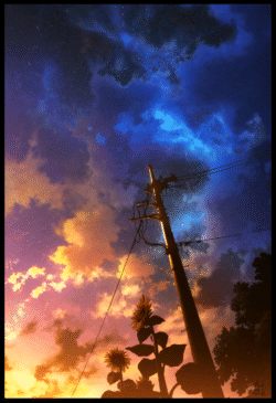 utility pole sunflower starry sky sunset milky way clouds dusk wires nature evening scenery vibrant silhouette mystical glow