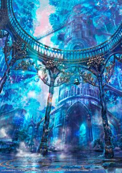 fantasy city blue tower castle ethereal magic digital art sci fi mystical vibrant glowing forest ancient architecture