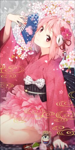 kimono girl pink hair cherry blossoms sakura traditional japanese culture folding fan festive floral ornate pattern cute manga vibrant colors illustration