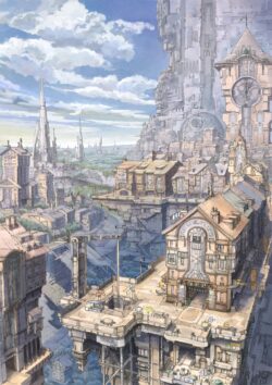 futuristic city steampunk architecture clock tower urban fantasy digital art vibrant detailed scifi skyscrapers utopia bridge