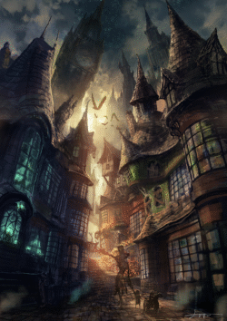 dark fantasy city steampunk gothic architecture night alley digitalart spooky creepy bats clocktower street mystery dramatic