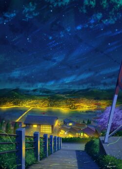 night sky stars city lights valley river bridge fireflies hill steps viewpoint twilight glowing peaceful panorama
