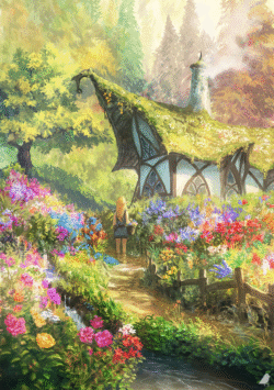 fairy cottage flowers garden nature forest colorful dreamy fantasy digitalart magical path cabin girl summer