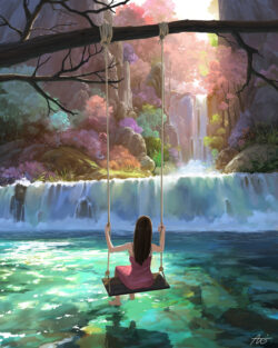 A red-haired warrior, complete with gauntlets and sword, takes a moment during laundry day, accompanied by her black cat. A digital illustration of a red-haired woman with large gauntlets and a sword standing in a laundromat. A black cat sits on the floor beside her.