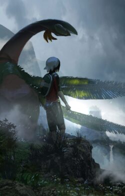 pokemon rayquaza trainer boy legendary creature rain fog jungle cliffs fantasy adventure epic scene digital art green mystery