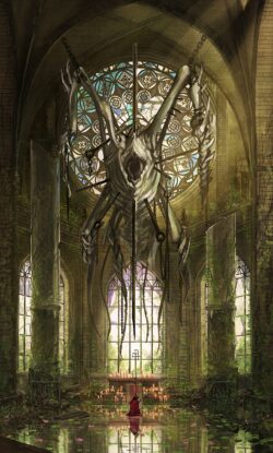 gothic cathedral monster bones chains dark fantasy ruins overgrown temple stained glass knight prayer creepy mythology concept art abandoned
