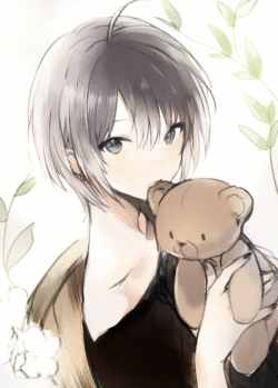 girl anime short hair teddy bear plushie cute portrait illustration soft lighting blush grey hair cozy manga style peaceful holding