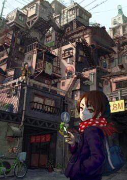 slum cityscape detailed urban architecture crowded japan street subway illustration girl winter aesthetic gritty complex manga