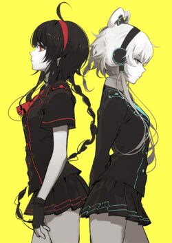 twins anime girls black white hair yellow background uniform headset profile view contrast modern art digital painting clean lines stylized illustration aesthetic