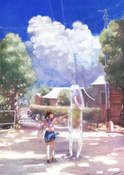 summer afternoon anime girl spirit ghost rural street nostalgia childhood village life warm sunlight watercolor style peaceful daily life illustration