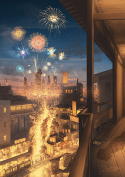 fireworks display city night view japanese festival urban landscape balcony view twilight cityscape festive vibrant lights evening celebration anime background