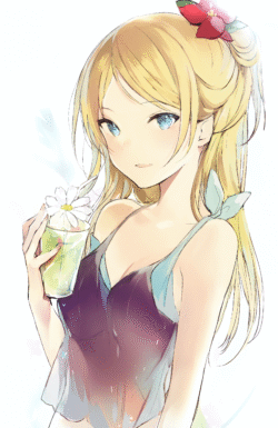 girl anime blonde hair blue eyes drink daisy flower summer vibe tank top cute illustration portrait manga style sunlight refreshing