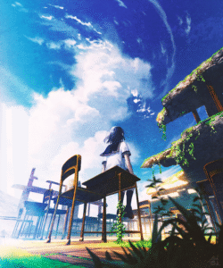 school ruins girl desk clouds sky blue digitalart abandoned classroom nostalgia overgrown summer sunlight youth